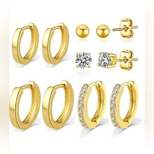 PRETOLE 925 Sterling Silver Gold-Toned Huggie Hoop and Classic Stud Earring Set